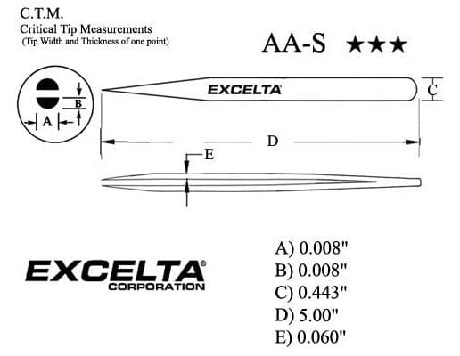 Excelta Tweezers AA-S Straight Meduim Point, Stainless Steel 5"