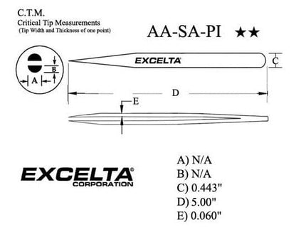 Excelta Tweezers AA-SA-PI Straight Medium Points, Anti-Mag Stainless Steel 5"