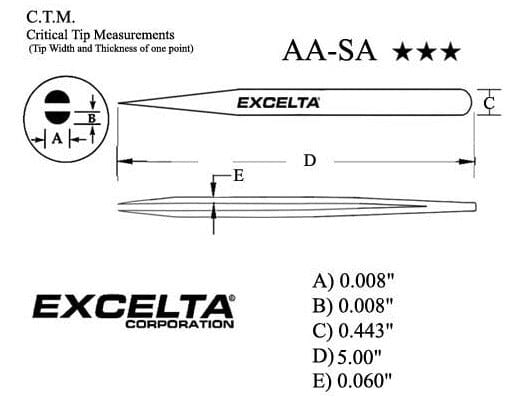 Excelta Tweezers AA-SA Straight Meduim Point, Anti-Mag, Neverust Steel 5"