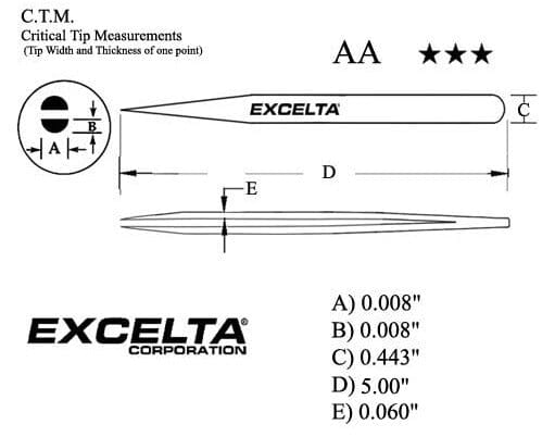 Excelta Tweezers AA Straight Medium Point, Carbon/Nickel Plated Steel 5"