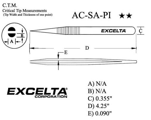 Excelta Tweezers AC-SA-PI Strong Medium Points, Anti-Mag, Stainless Steel, Steel 4.25"