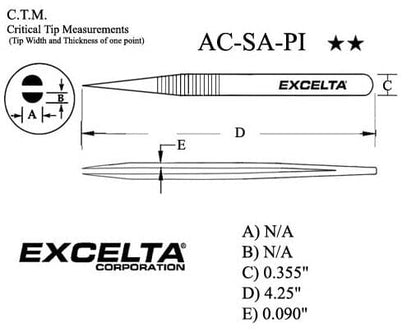 Excelta Tweezers AC-SA-PI Strong Medium Points, Anti-Mag, Stainless Steel, Steel 4.25"