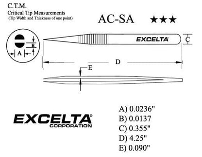 Excelta Tweezers AC Strong Medium Points, Anti-Mag, Neverust Steel 4.25"