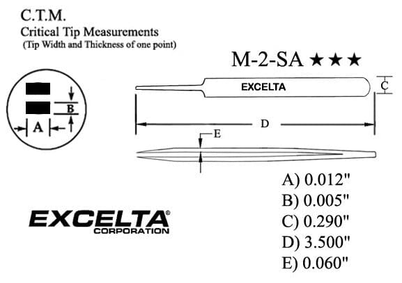 Excelta Tweezers M-2-SA Straight Tapered, Very Fine Points, Mini, Anti-Mag, Neverust Steel 3.38"