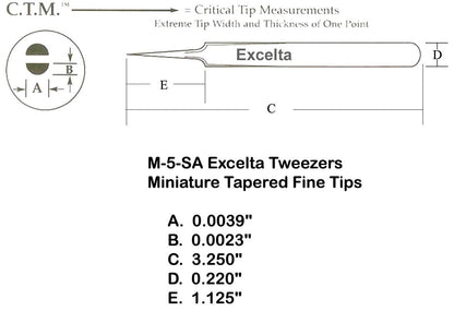 Excelta Tweezers M-5-SA Straight Tapered, Very Fine Points, Mini, Anti-Mag, Neverust Steel 3.13"