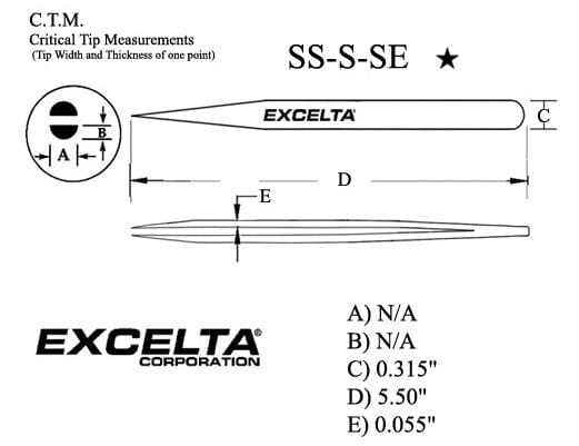 Excelta Tweezers SS-S-SE Long Very Fine Points, Stainless Steel 5.5"