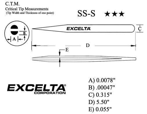 Excelta Tweezers SS-S Straight Long Very Fine Points, Stainless Steel 5.5"