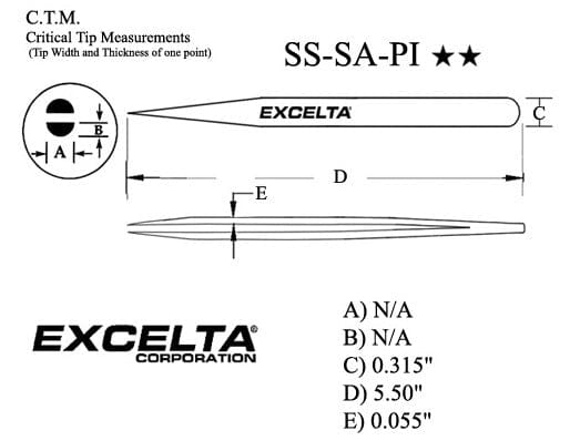 Excelta Tweezers SS-SA-PI Long Very Fine Points, Anti-Mag, Stainless Steel 5.5"