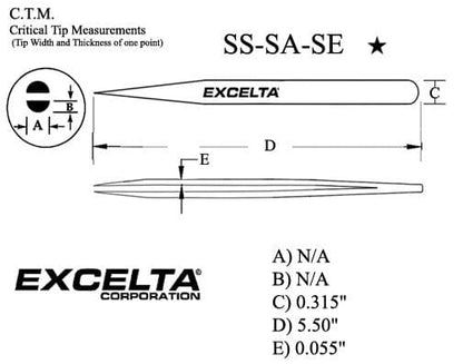 Excelta Tweezers SS-SA-SE Straight, Long Very Fine Points, Anti-Mag, Stainless Steel 5.5"