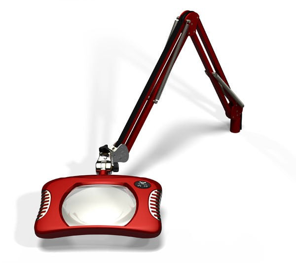 Green-Lite® 7” x 5¼” Rectangular LED Magnifier 4 Diopter, 43" Reach, Table Edge Clamp, Blaze Red