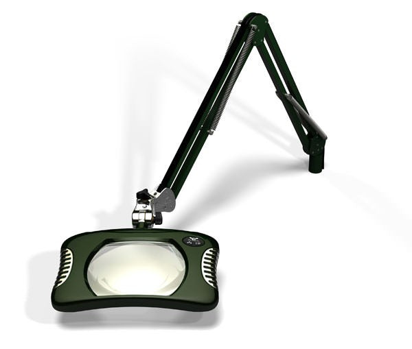 Green-Lite® 7” x 5¼” Rectangular LED Magnifier 4 Diopter, 43" Reach, Table Edge Clamp, Racing Green