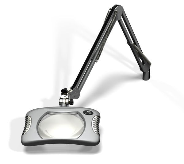 Green-Lite® 7” x 5¼” Rectangular LED Magnifier 4 Diopter, 43" Reach, Table Edge Clamp, Silver