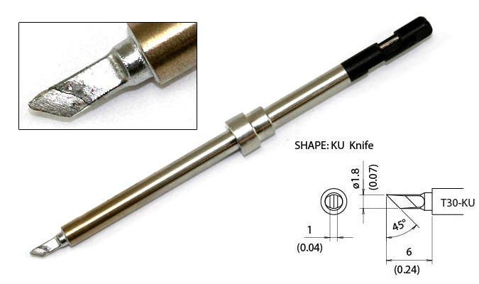 Hakko T30-KU Tip, Knife, 1.8mm/45&deg x 6mm, Micro, FM-2032