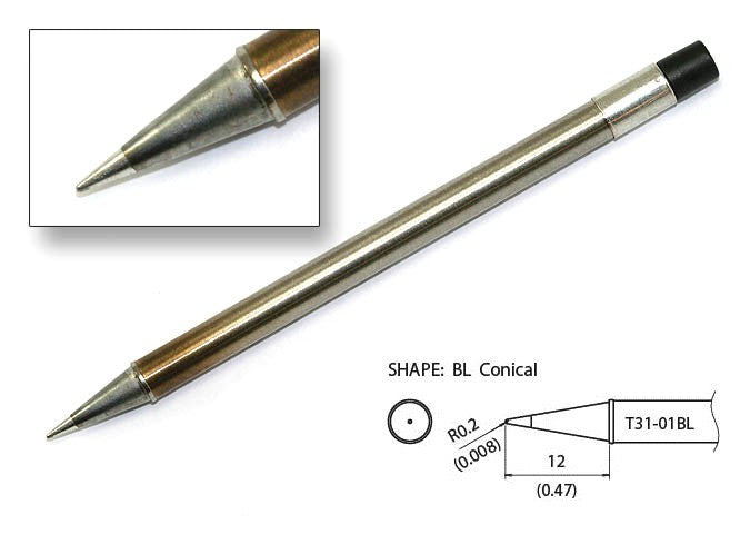 Hakko T31-02BL Tip,Conical,R0.2 X 12mm, IH,400&degC/750&degF,FX-1001