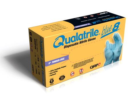 Qualatrile 8 Mil Blue Nitrile 9" Powder Free Gloves, 50 Count Box, Extra Large